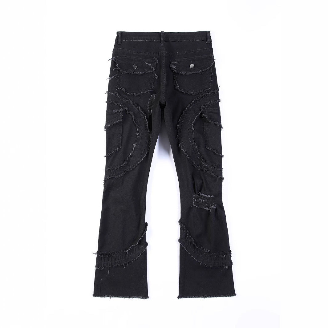 Men's Patchwork Fringe Slightly Flared Stretch Jeans BAZONA