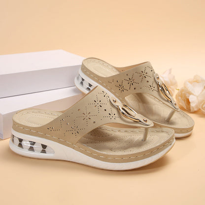 New Air Cushion Thong Sandals Summer Flip Flops Hollow Metal Buckle Wedges Shoes For Women Thick Sole Beach Shoes BAZONA