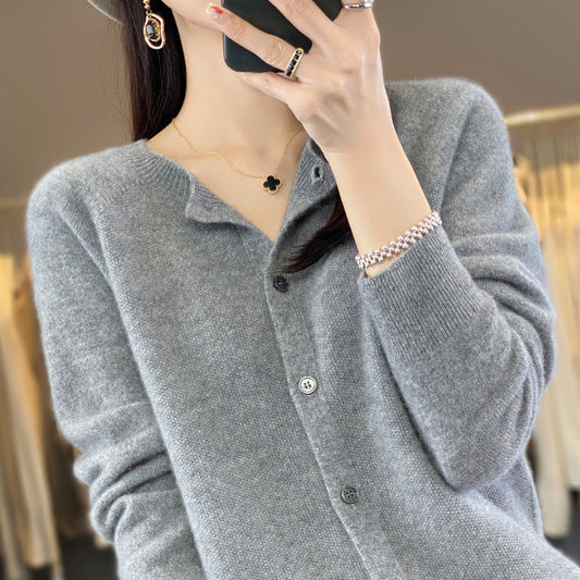 Women's Cashmere Cardigan O-neck Loose Sweaters Top Fashion Merino Wool Knitwear Autumn Winter Female Clothing Tops BAZONA
