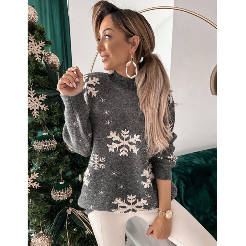 Fall Winter Women's Christmas Sweater Knitted Fluffy Loose Casual Christmas Snowflake Print Long Sleeves Pullovers Tops Streetwear BAZONA