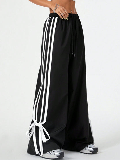 High Waist Wide Leg Pants Women's Spring Summer New Style Three Bars Drawstring Cuffed Straight Casual Extended Sports Trousers BAZONA