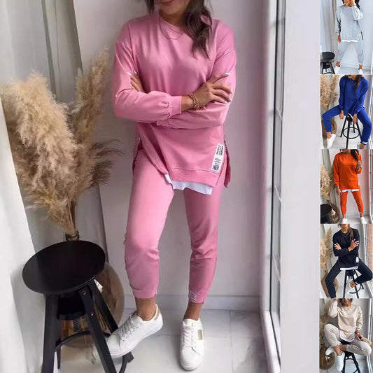 Women's Sports Suit Fashion Slit Design Sweatshirt Top And Slim-fit Trousers Sweatpants Casual Two Piece Set Outfit BAZONA