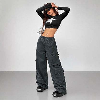 Casual Pants Elastic Waist High Waist Wide-leg Workwear Trousers BAZONA