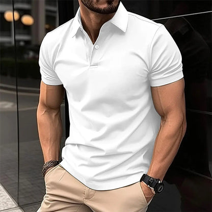 Summer Short Sleeve Polo Shirt Men Solid Color Button Lapel Button Top - bazona.com
