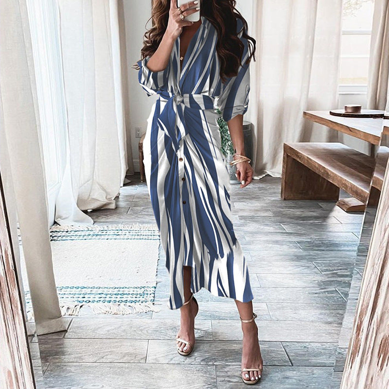 European And American Print Long-Sleeved Lace-Up Single-Breasted Shirt Dress BAZONA