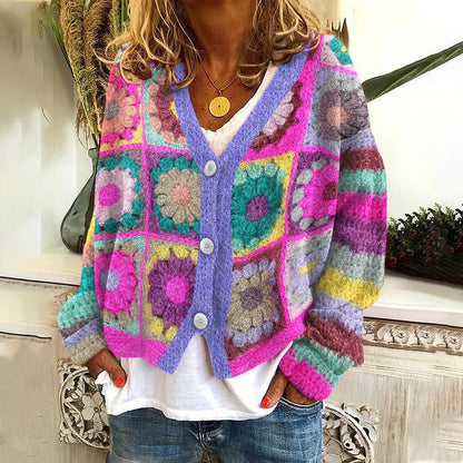 New Christmas Abstract Flowers Printing Sweater Fashion Casual Short Cardigan Coat Womens Clothing BAZONA