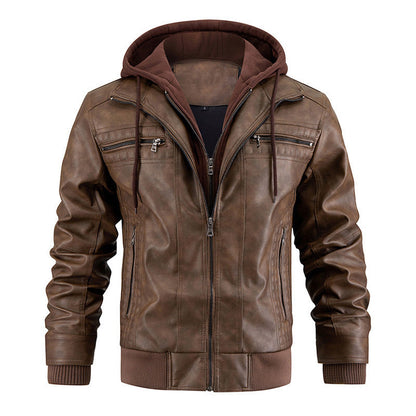 Hooded Jacket With Zipper Pockets Fashion Warm Pu Leather Coat Mens Clothing BAZONA