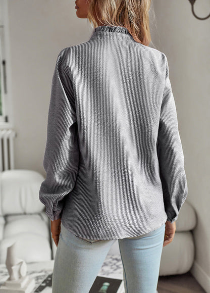 Striped Long Sleeve Shirt Fashion Ruffle Design Button Up Tops Casual Office Blouse Elegant Commuting Women's Clothing BAZONA