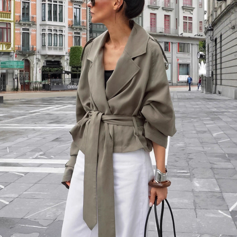 Women's Large Lapel Lace-up Trench Coat Fashionable Jacket BAZONA