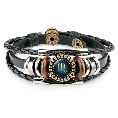 Multilayer Leather Bracelet 12 Constellation Zodiac Sign Men Braided Bracelets BAZONA