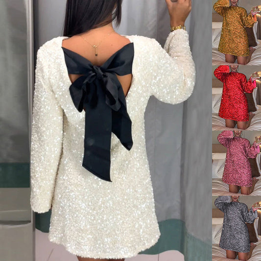 Sequined Back-Bowed Dress Fashion Round Neck Long Sleeve Dresses For Party Daily Shopping Women BAZONA